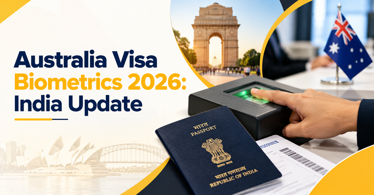 Australian visa biometrics update for India 2026 showing fingerprint scanning, Indian passport and Australian flag